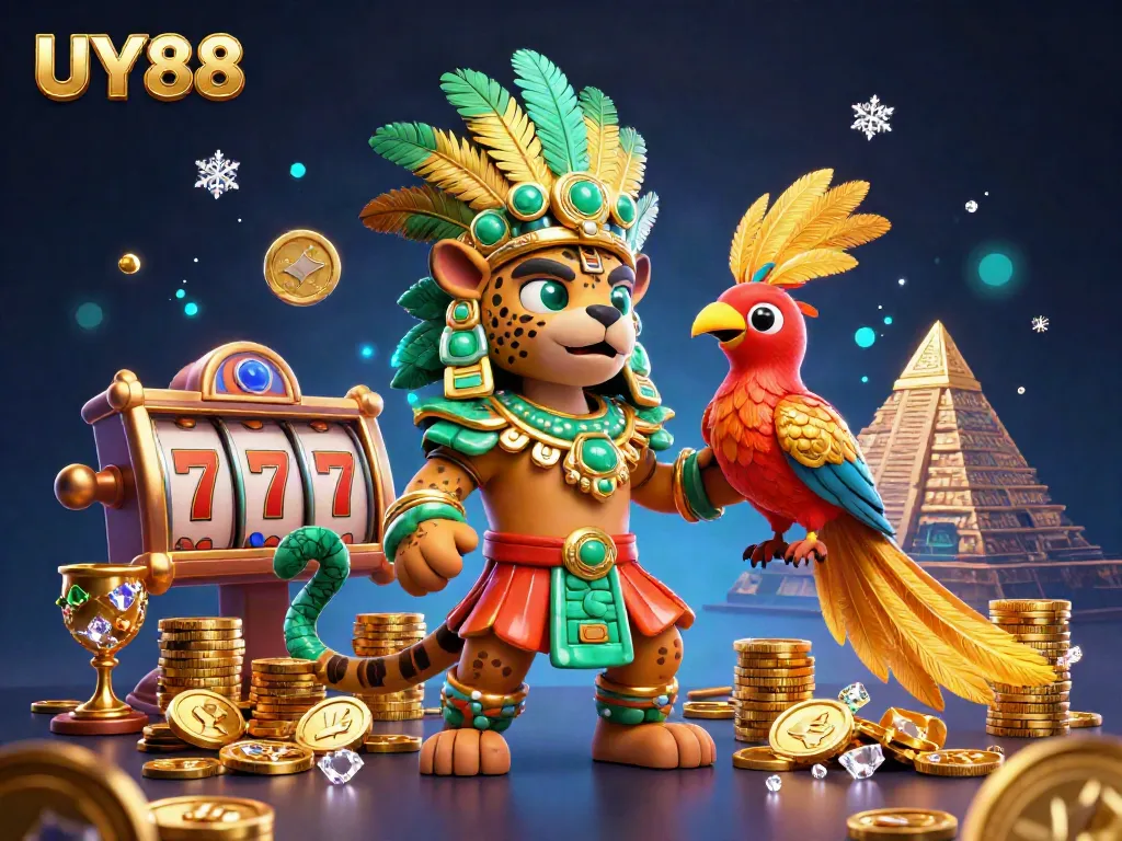 Experience the vibrant casino world of UY88 with captivating illustrations of thrilling game elements and rich treasures.