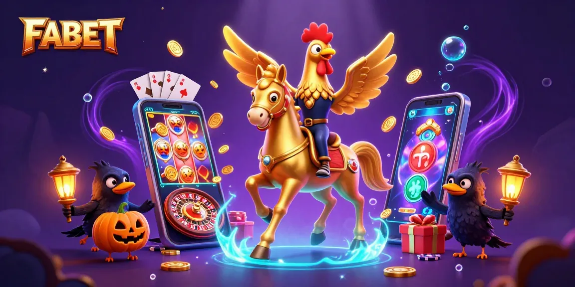FABET dazzles with a golden rooster in a magical casino scene, featuring vibrant gameplay and treasures.