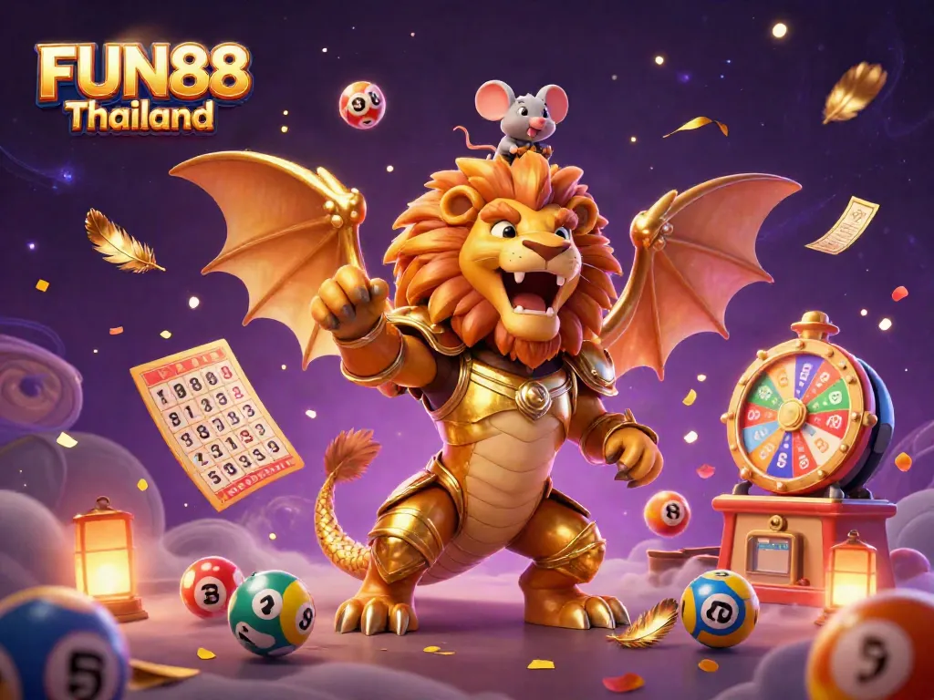 Experience the thrill of FUN88 Thailand with a vibrant illustration of a chimera, colorful lottery balls, and exciting casino elements.