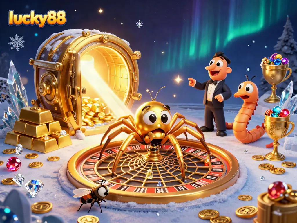 Place bets at lucky88 with a golden spider spinning roulette webs in an immersive casino scene.