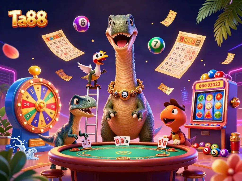 Engage in exciting gaming with Ta88, featuring a lively 3D illustration of a dinosaur among casino elements.