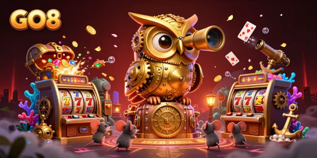 Engage with GO8's vibrant online casino featuring a stylish clockwork owl and dynamic slot machines.