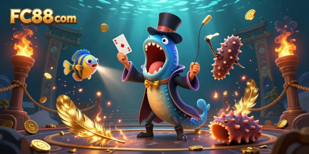 Experience engaging magic at FC88 com with a vibrant underwater casino scene featuring unique characters and gambling elements.