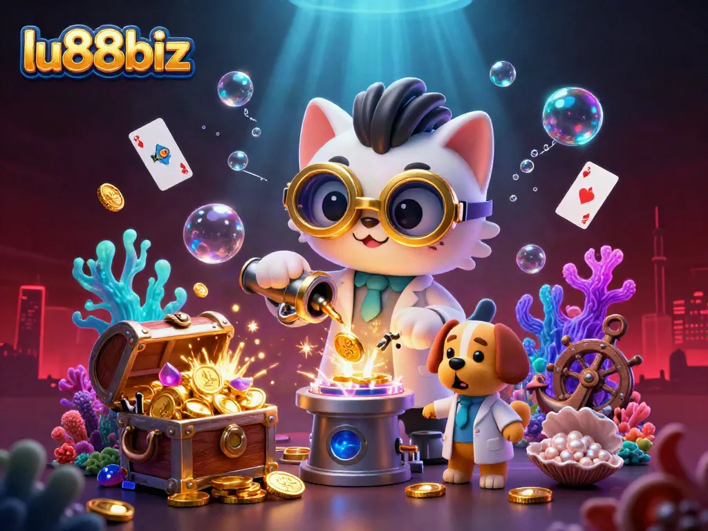 Experience thrilling wins at lu88biz with a vibrant 3D gaming scene filled with casino elements and engaging characters.