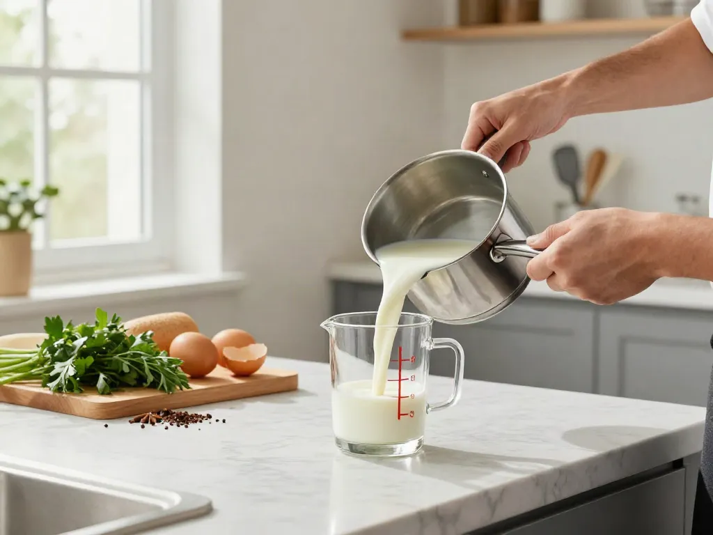 Stainless steel milk pan being used in a bright modern kitchen for pouring milk.