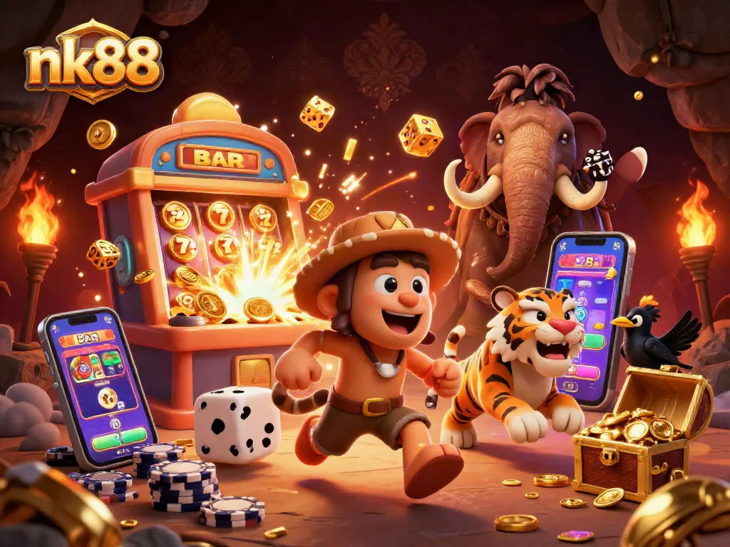 Experience big wins at nk88's prehistoric casino, with cartoon characters and jackpot action.