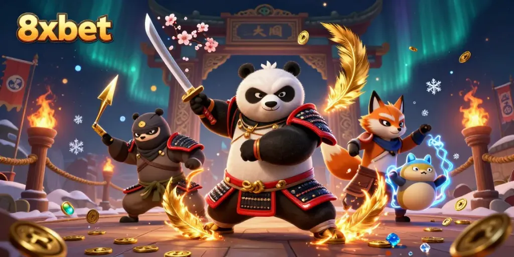 Engage with the thrilling 8xbet gaming experience through vibrant 3D illustration featuring samurai and fox.