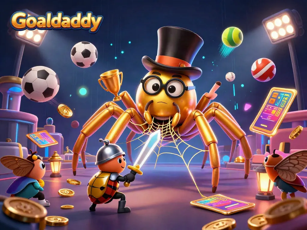 Goaldaddy presents a vibrant 3D scene of sports action, featuring a golden tarantula and dynamic betting elements.