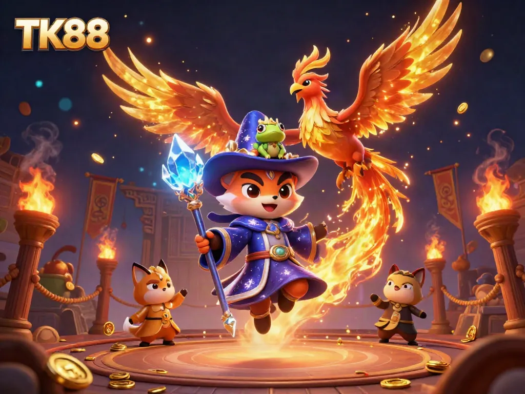 Engaging TK88 casino scene showcasing a mystical wizard, phoenix, and golden treasures in an exciting gambling atmosphere.