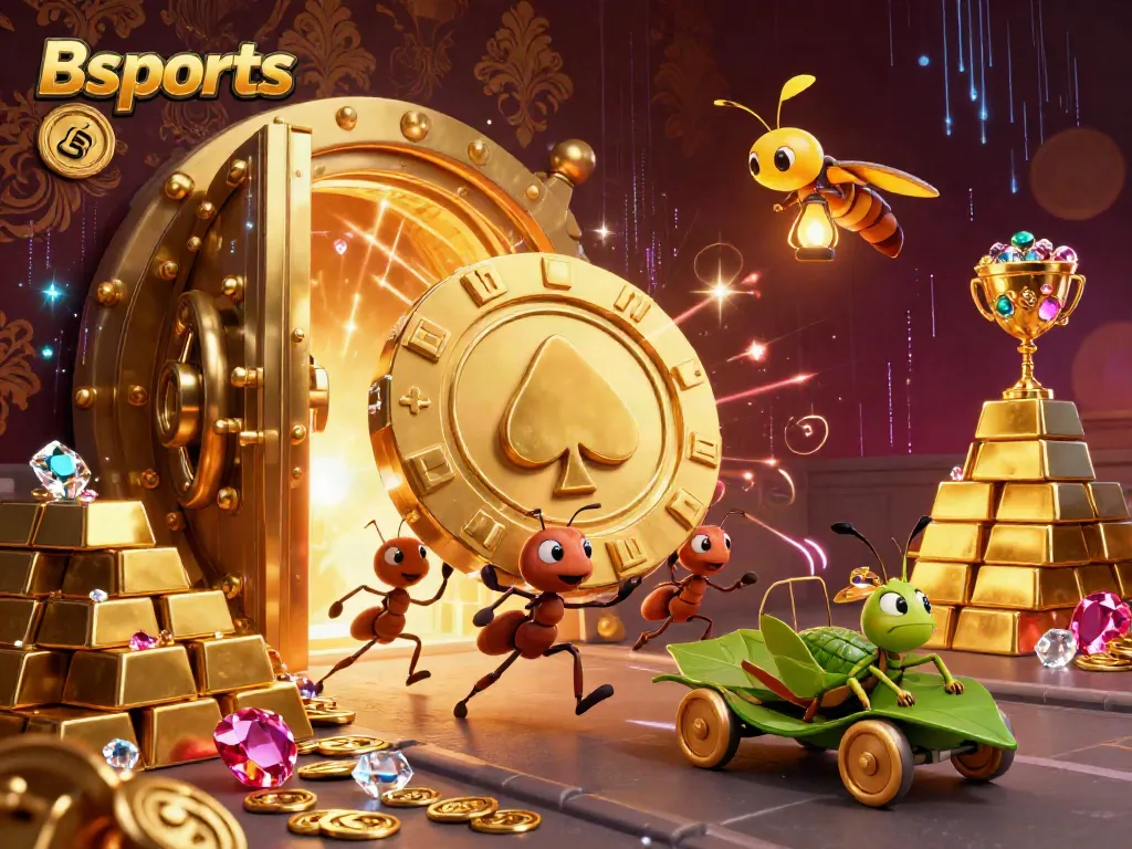 Bsports engaging scene with ants heisting a giant poker chip in a packed casino treasure setting.