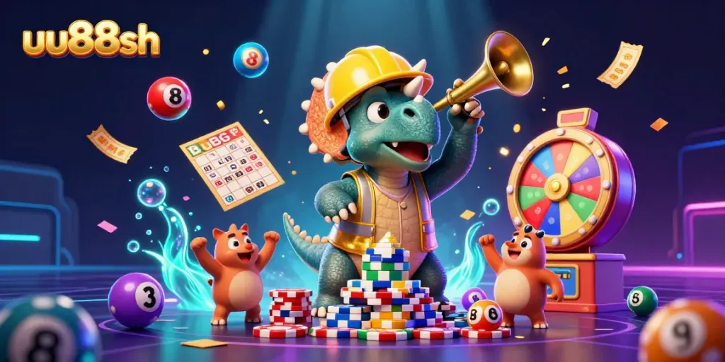 Engage with the vibrant uu88sh gaming scene featuring animated dinosaurs and lottery fun.