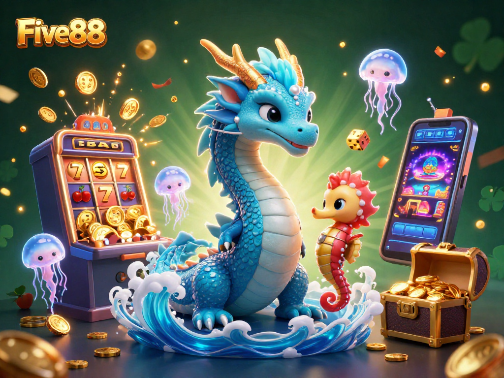 Experience thrilling gameplay with Five88's dazzling 3D casino illustration featuring exciting game elements.