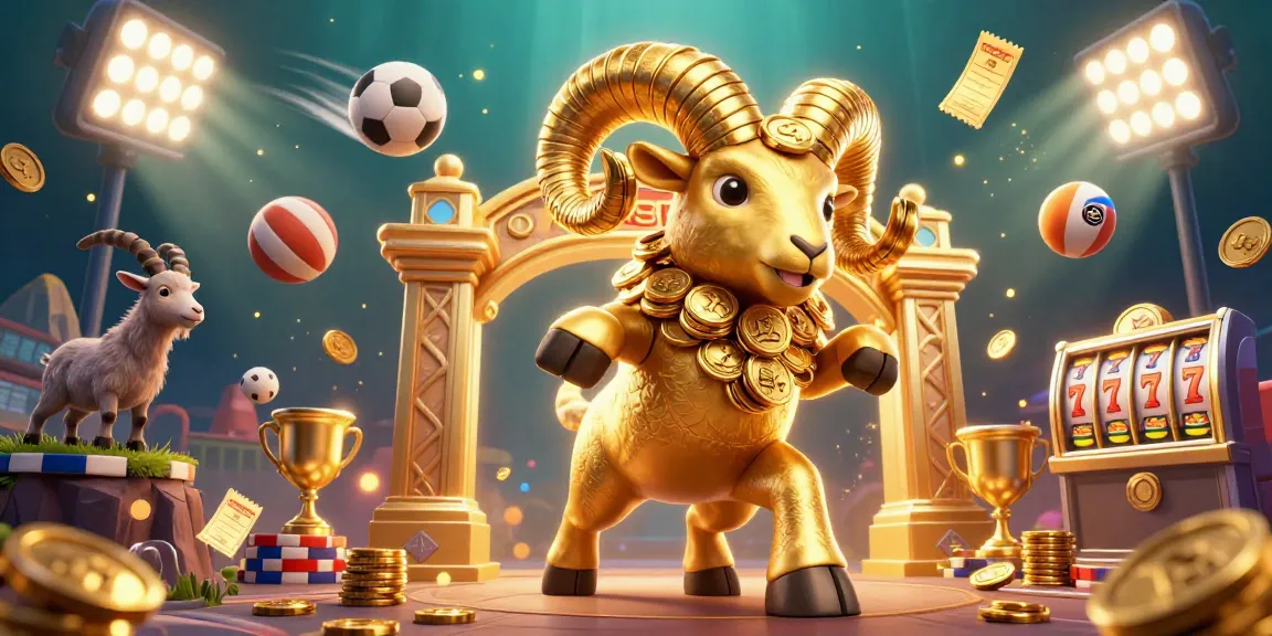 Engage with LUCKY88's vibrant scene as a golden ram charges through tokens and sports elements.