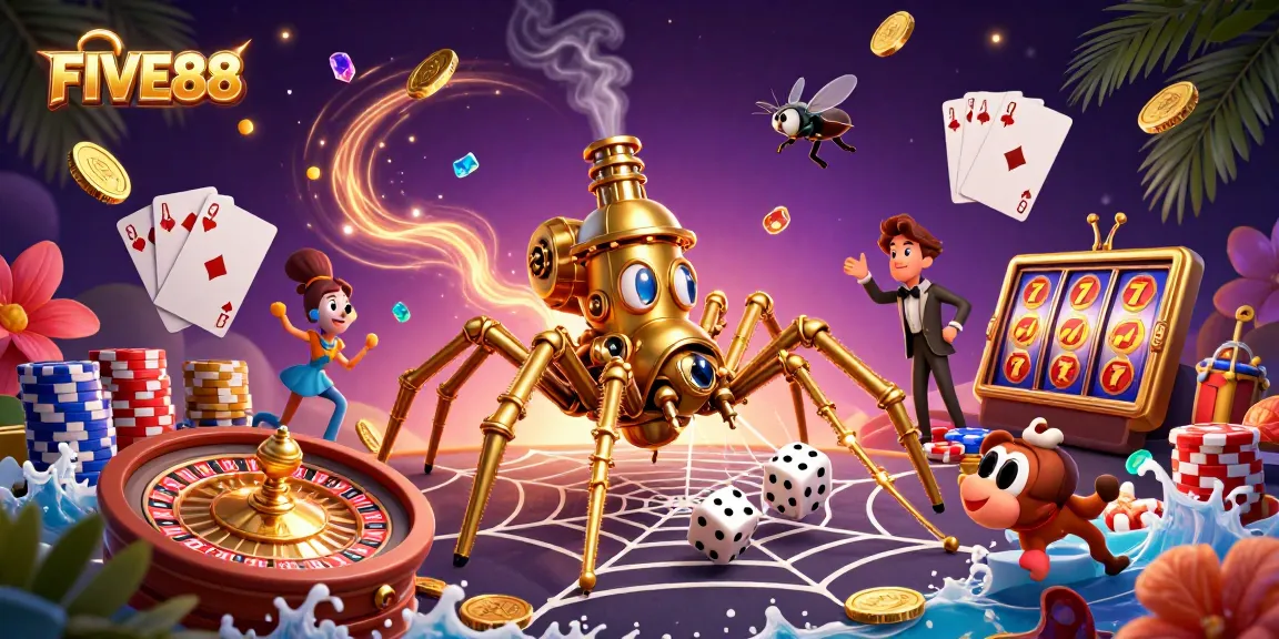 Experience the thrill with FIVE88's immersive casino illustration featuring a steampunk spider and golden game elements.