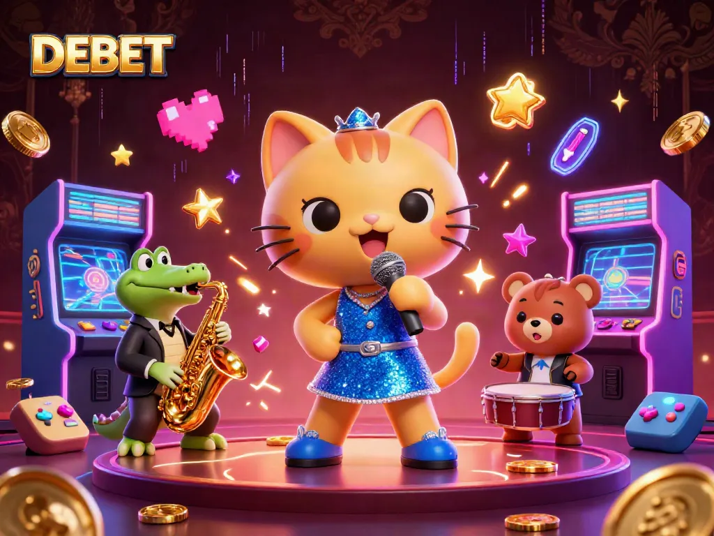 Experience the thrill of DEBET gaming with vibrant casino characters in an energetic 3D scene.