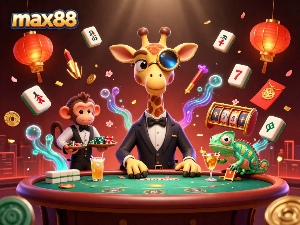 Experience max88 gaming excitement with a vibrant 3D casino illustration showcasing high-roller characters and animated elements.