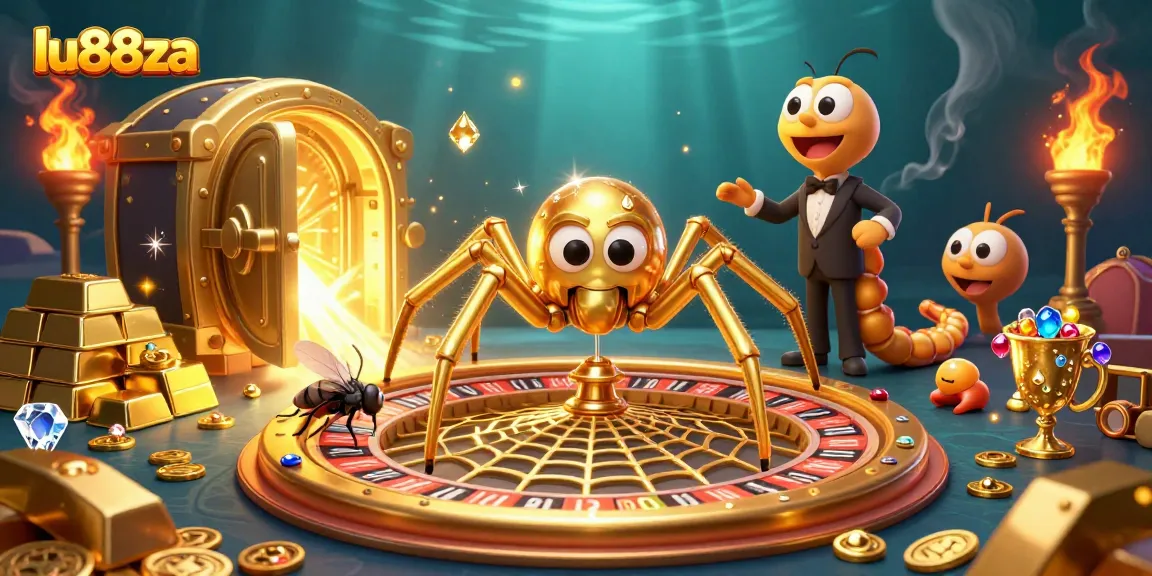 Experience thrilling spins and wins at lu88za casino with vibrant roulette and treasure-filled illustration.