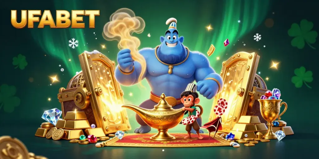 Play and win with UFABET, featuring a genie, magic carpet, and treasure elements.