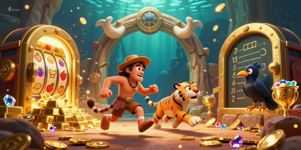 Experience the thrilling gameplay at dewacair casino with vibrant slot machines and a prehistoric setting.
