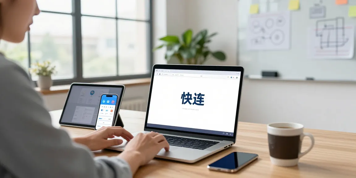 使用快连软件的用户在现代办公环境中享受高速网络体验，桌面上有多种设备和绿色植物。
