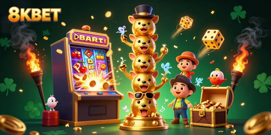 Experience the excitement of 8KBET with a vibrant 3D casino-themed illustration depicting a totem pole and a slot machine.