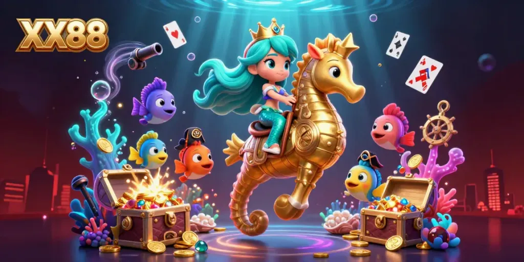 Experience the excitement of XX88 with vibrant underwater scenes and dynamic casino elements.