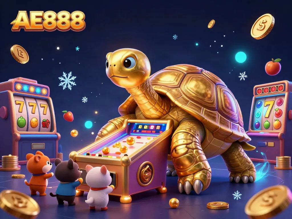 Engage with the AE888 casino experience, featuring a colorful pinball-themed illustration with gold coins and vibrant slot elements.