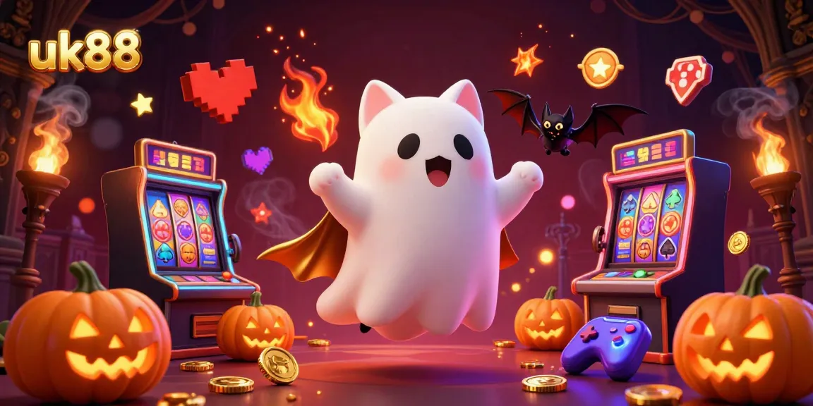 Experience thrills at uk88 with a ghost cat, vampire bat, and glowing jack-o-lanterns in a vibrant casino scene