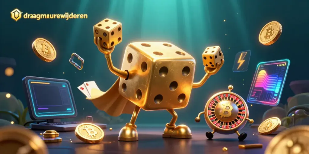 Draagmuur verwijderen: Een 3D cartoon illustratie van een gouden dobbelsteen golem met kleurrijke casino elementen.