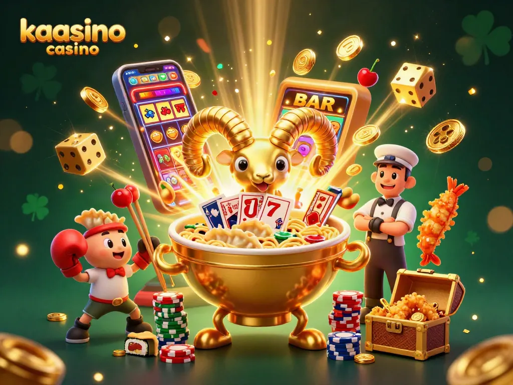Kaasino casino features a 3D cartoon scene with a giant ramen bowl dealer, vibrant slot machine, and dynamic casino elements.