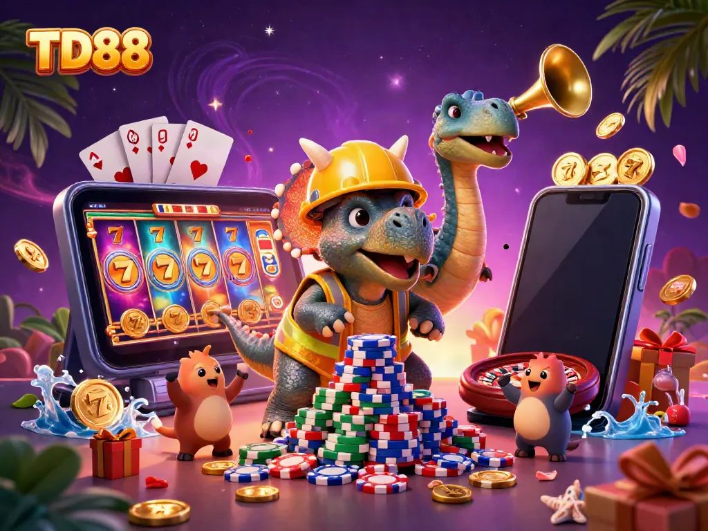 Engage in vibrant, colorful gaming moments with TD88's animated casino scene, featuring cheerful characters.