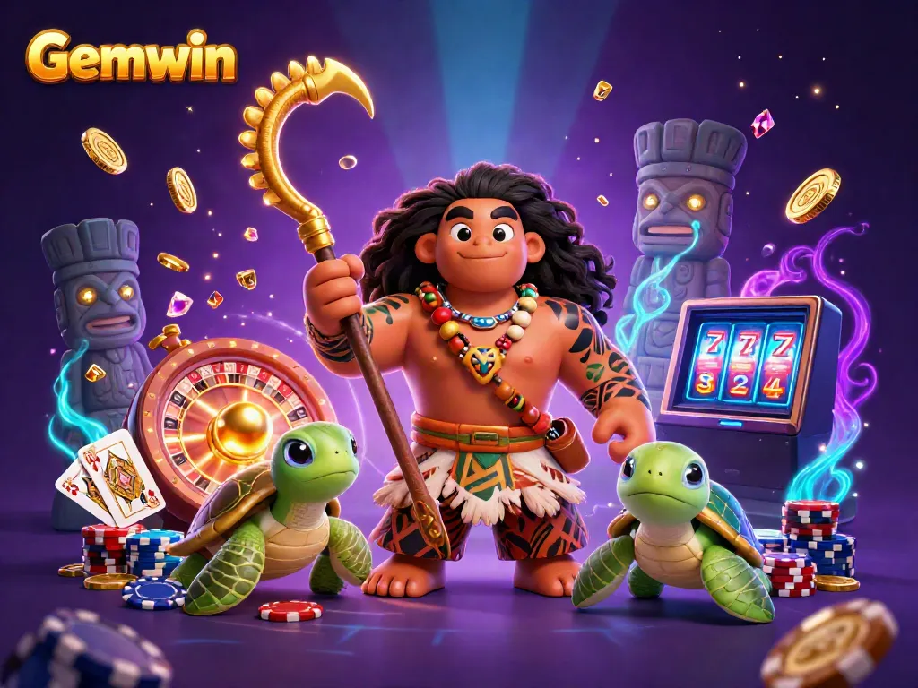 Experience Gemwin with a dynamic scene of gaming excitement featuring golden coins, cards, and characters.