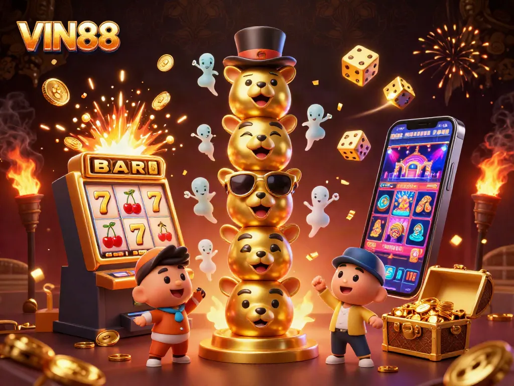 Experience the excitement of VIN88 with a dynamic 3D casino illustration featuring a totem pole surrounded by a jackpot explosion.