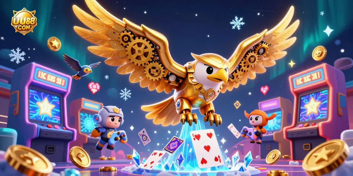 Engage with the action at UU88 COM as a cybernetic eagle dives through holographic cards amidst a vibrant casino scene.