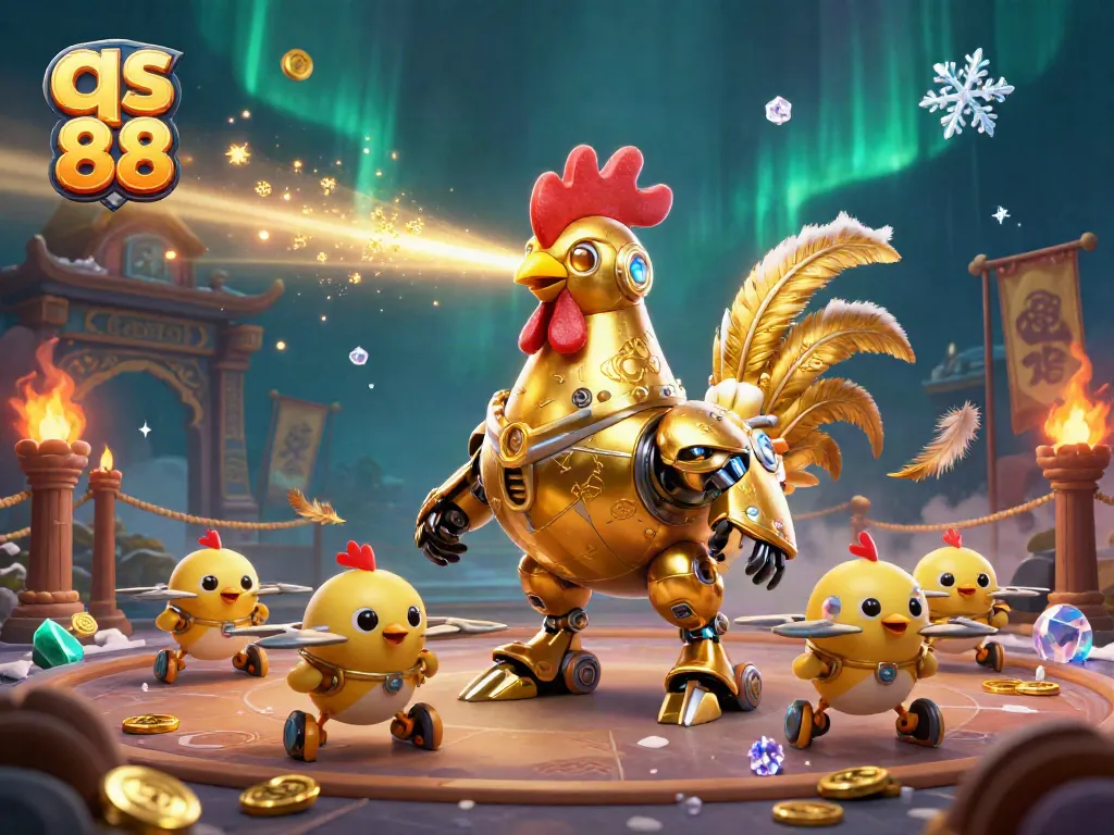 Experience the excitement of qs 88 with a golden rooster robot and flying baby chicks in a vibrant casino scene.