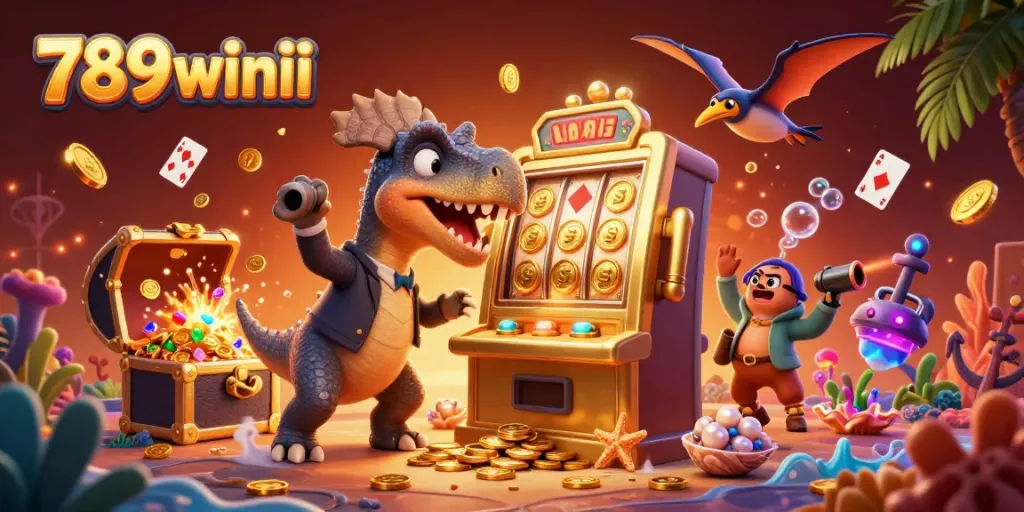 Win big with 789winii as a pachycephalosaurus triggers a jackpot, surrounded by casino elements.