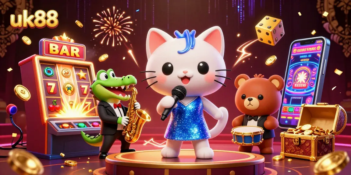 Experience a vibrant uk88 casino scene with exciting characters and slot machine jackpots.