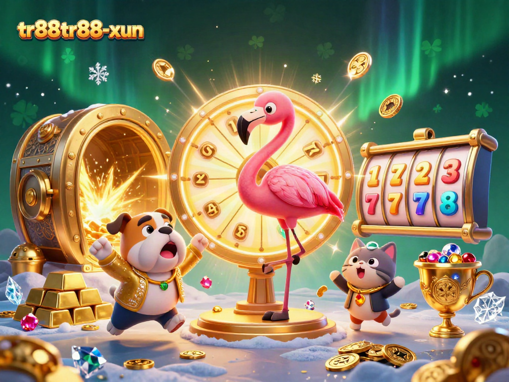 Spin the prize wheel with tr88tr88-xun featuring a flamingo host and an excited bulldog contestant.