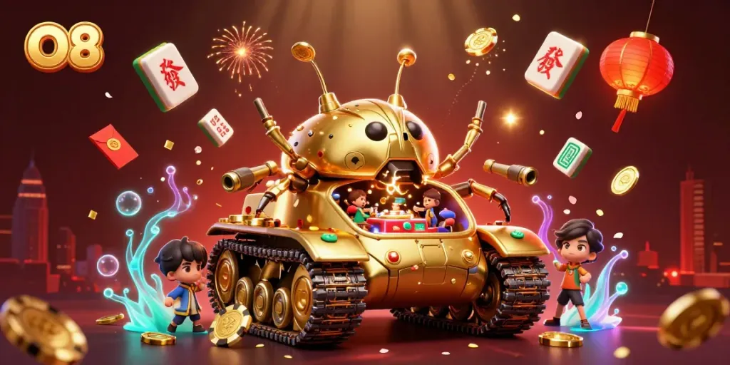 Experience exciting gaming action at O8 Casino with a vibrant 3D illustration featuring a golden beetle tank casino.