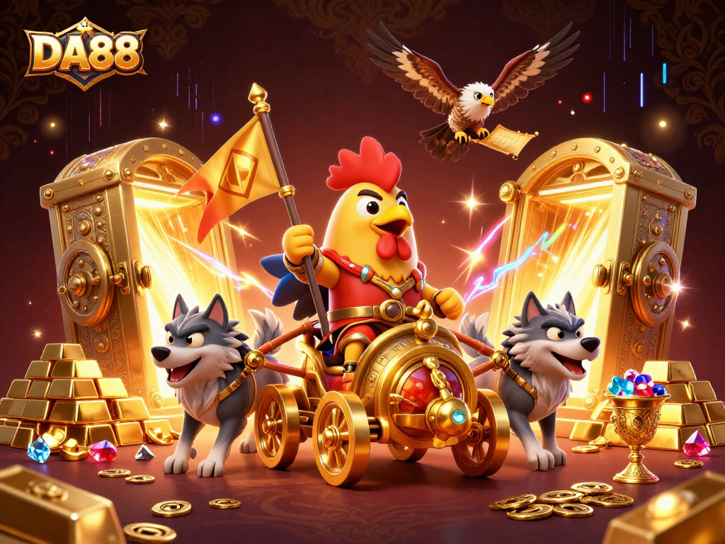 Experience the thrilling world of DA88 with a dynamic 3D rooster warlord and treasure-filled scene.
