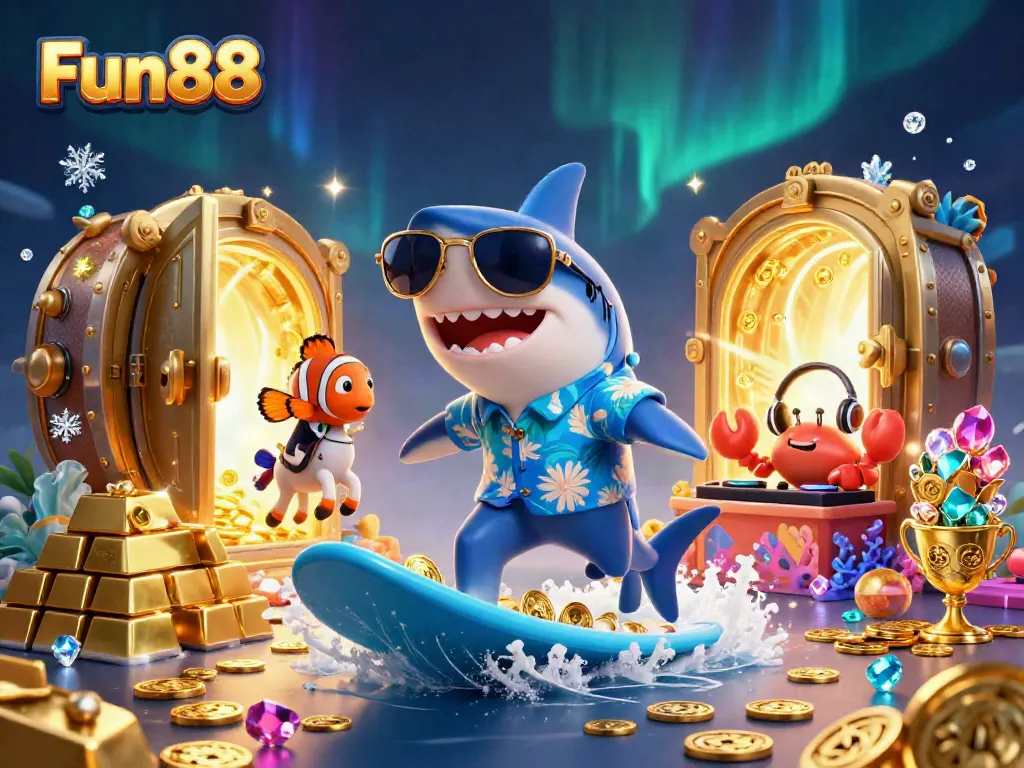 Experience thrilling gaming at Fun88 with colorful characters, gold coins, and vibrant casino elements.