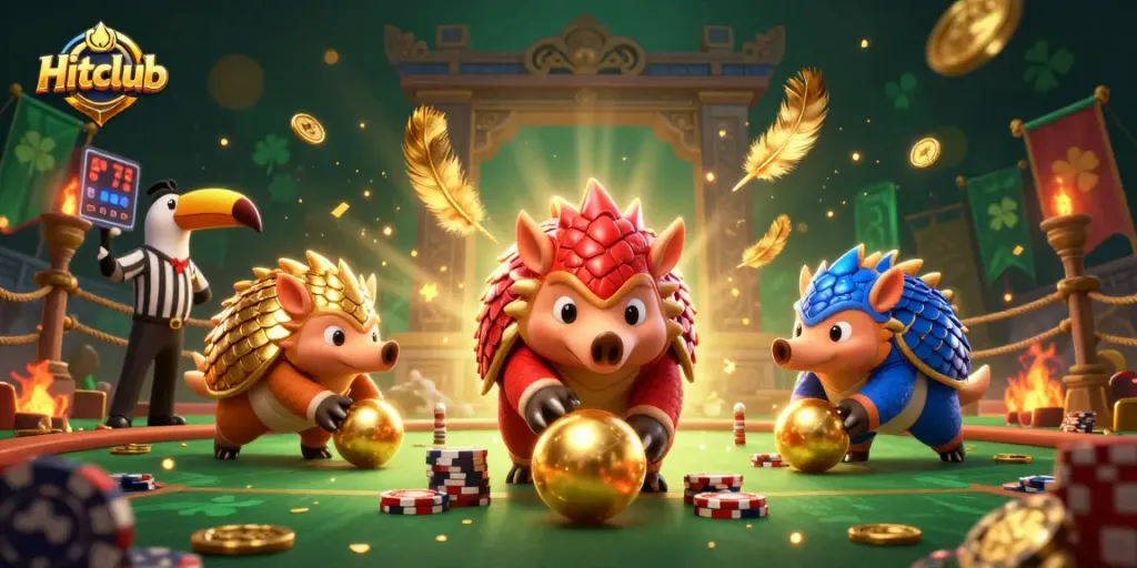 Experience thrilling action in Hitclub with rival pangolins bowling through poker chips amidst golden confetti.