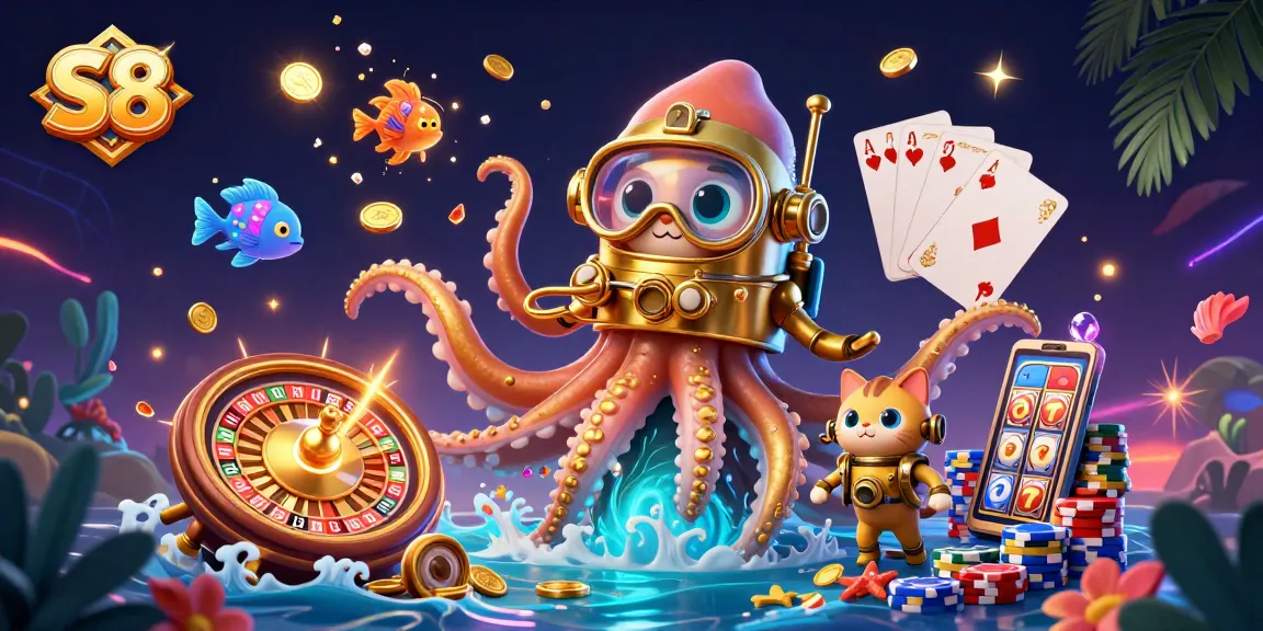 Engage with S8's thrilling games in a vibrant underwater casino scene filled with excitement.