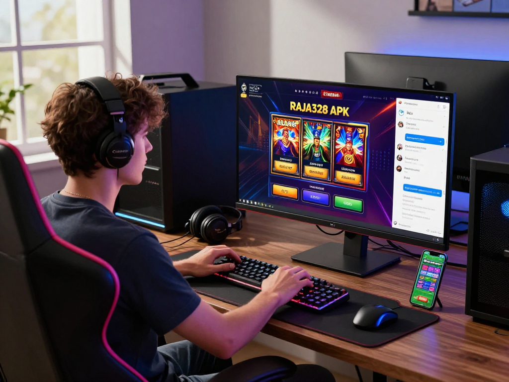 Engaged player using login raja328 on a modern gaming setup, showcasing online slots and community support.