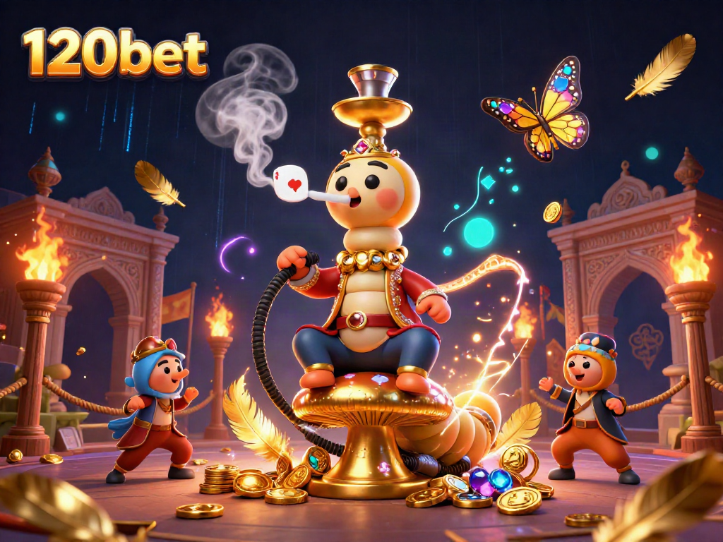 Engage with thrilling 120bet games illustrated by a vibrant casino scene featuring a sultan caterpillar.