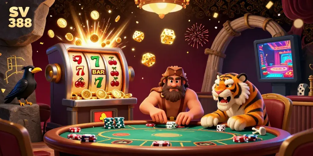 Experience thrilling action at SV 388 casino with a dynamic 3D cartoon scene alive with energetic gambling elements and characters.