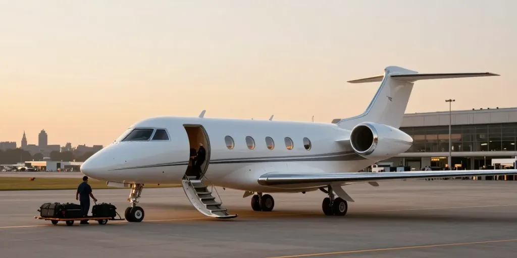 Private jet rental Amsterdam showcased at Schiphol Airport with stunning sunset backdrop, highlighting luxury travel experience.