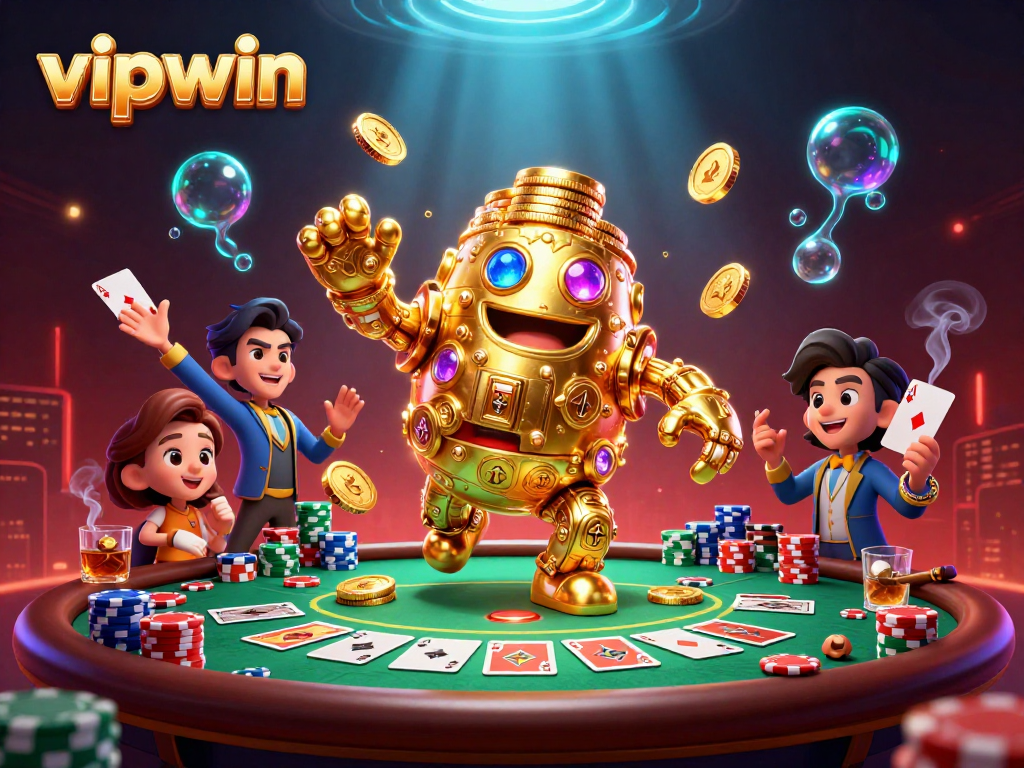 Experience the thrill of vipwin with a vibrant 3D casino illustration featuring a golden golem and poker elements.