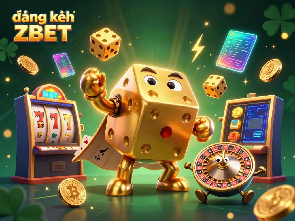 Engage in vibrant gaming strategies with đăng ký ZBET, featuring a dynamic golden dice golem surrounded by casino elements.