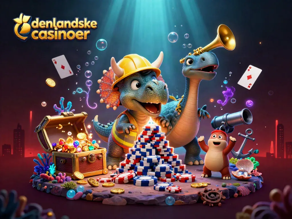 Engage with udenlandske casinoer virtual celebration featuring triceratops building poker chip pyramid in a colorful underwater scene
